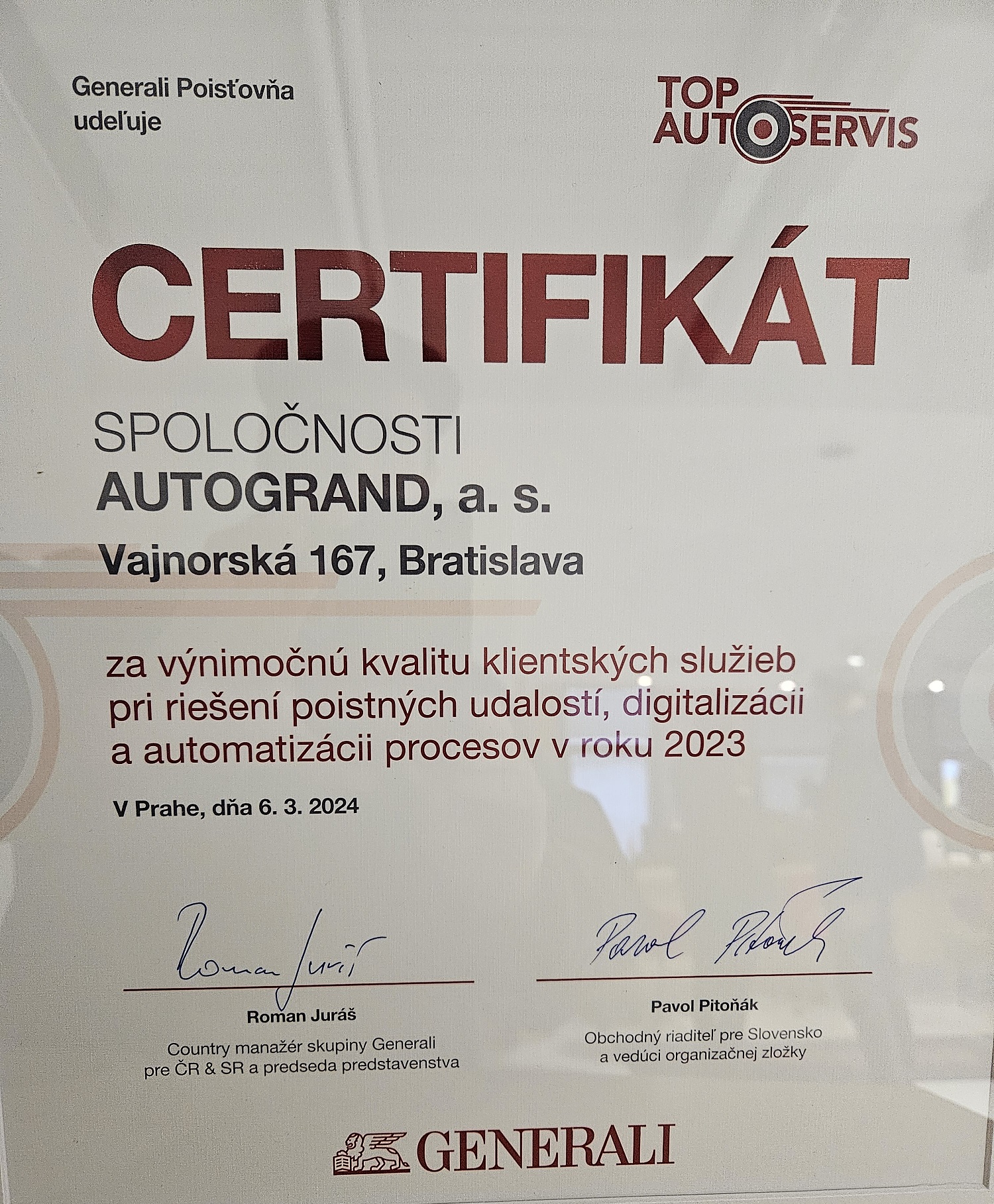 Certifikát Generali